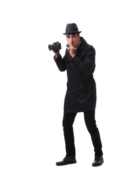 Spy with camera taking pictures isolated on white — Stock Photo, Image