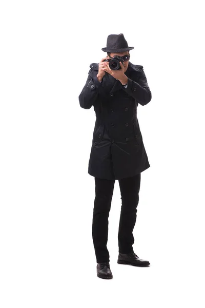 Spion met camera het nemen van foto 's geïsoleerd op wit — Stockfoto