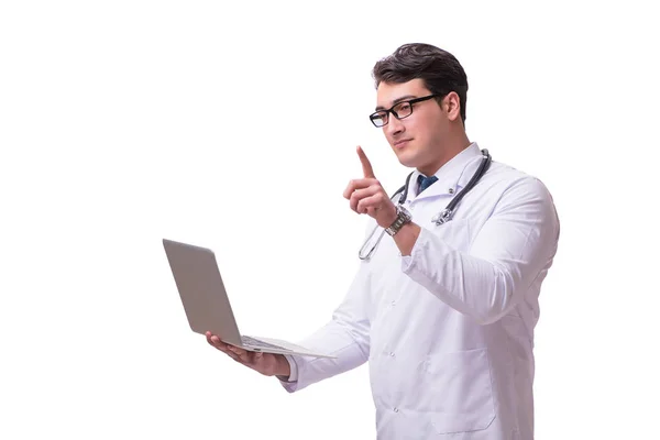 Médico en telemediina concepto de mhealth en blanco — Foto de Stock