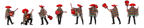 Mexicaanse in levendige poncho houden van gitaar geïsoleerd op wit — Stockfoto