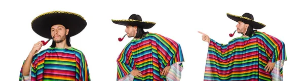 Bonito homem em poncho vívido isolado em branco — Fotografia de Stock