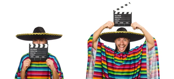 Tampan pria di jelas poncho memegang clapperboard terisolasi di wh — Stok Foto