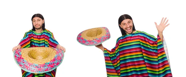 Schöner Mann in lebendigem Poncho isoliert auf weiß — Stockfoto