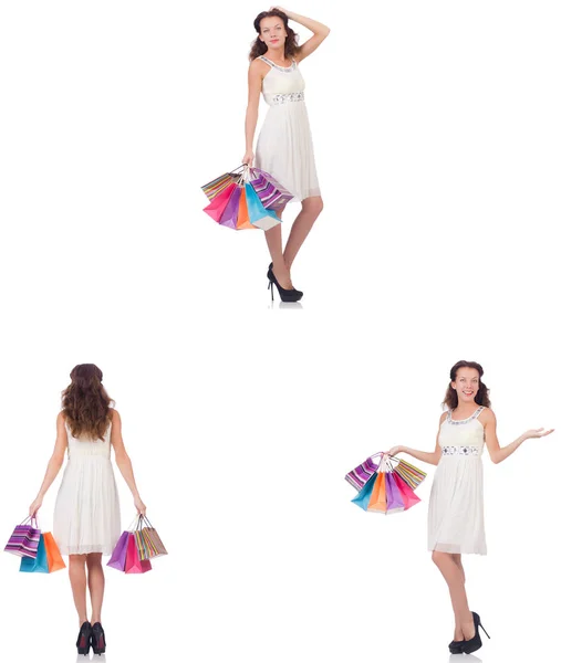 白い上にショッピングバッグを持つ女性のセット — ストック写真
