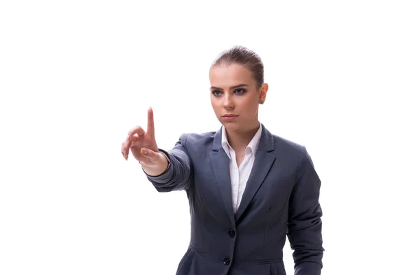 Jeune femme d'affaires appuyant sur le bouton virtuel sur blanc — Photo