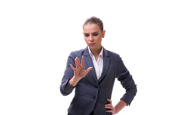 Joven empresaria presionando botón virtual en blanco — Foto de Stock