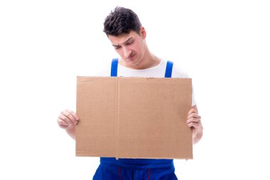 İşçi ile üzerine beyaz izole boş ileti perde