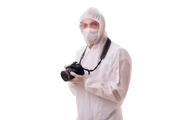 Törvényszéki szakértő védőöltözet fotózás fehér — Stock Fotó