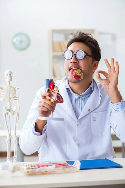 Verrückter Arzt mit Herzmodell — Stockfoto