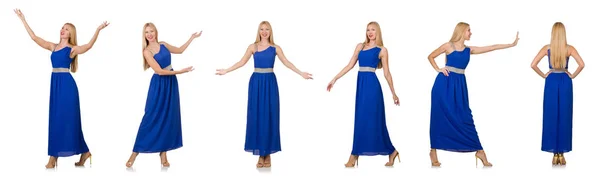 Hermosa mujer en vestido azul largo aislado en blanco —  Fotos de Stock