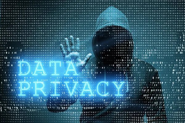 Data privacy concept with hacker stealing personal information