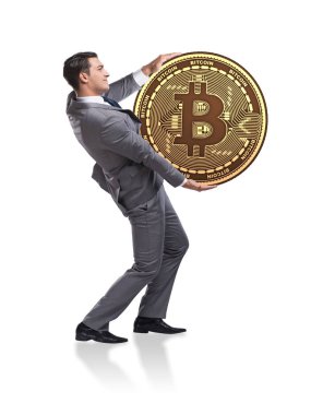 Bitcoin 'i olan bir işadamı beyaz arka planda izole edilmiş