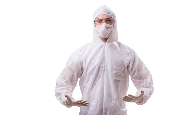 Man in beschermend pak geïsoleerd op witte achtergrond — Stockfoto