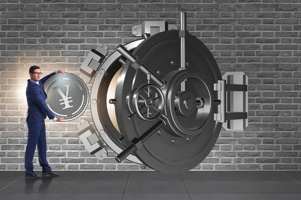 Geschäftsmann deponiert japanischen Yen bei Bank — Stockbild Geschäftsmann deponiert japanischen Yen bei Bank — Stockfoto