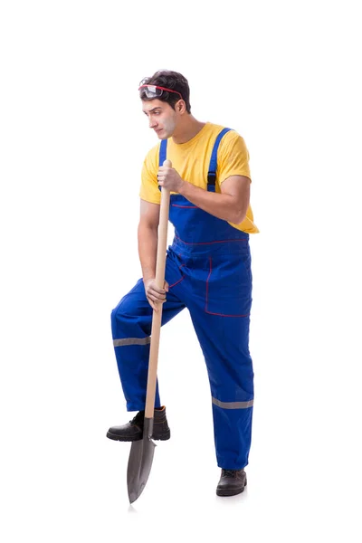 Contractor in blue coveralls with spade on white background — Stock Photo, Image