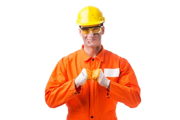 Contractor employee wearing coveralls isolated on white — Stock Photo, Image