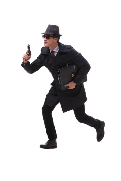 Man spion met pistool geïsoleerd op witte achtergrond — Stockfoto