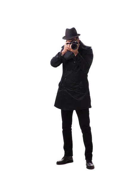 Espía con cámara tomando fotos aisladas en blanco —  Fotos de Stock