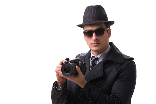 Spy s fotoaparátem fotografování izolované na bílém — Stock fotografie