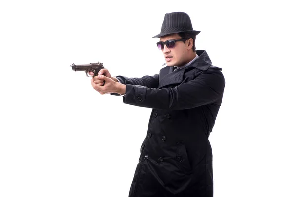 Homem espião com pistola isolada no fundo branco — Fotografia de Stock