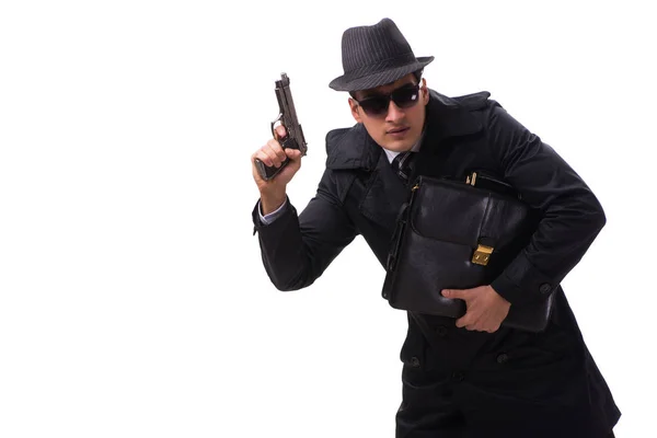 Man spy with handgun isolated on white background — Stock Photo, Image