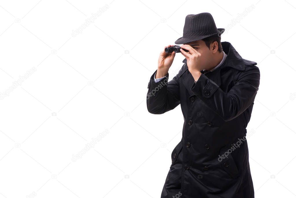 Spy with binoculars isolated on white background