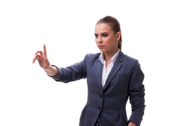 Genç işkadını beyaz üzerinde sanal düğmesine basarak