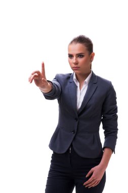 Genç işkadını beyaz üzerinde sanal düğmesine basarak