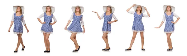 Lächelnde Frau in kariertem, einfachem Kleid und Hut — Stockfoto