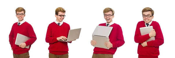 Estudante usando laptop isolado no branco — Fotografia de Stock