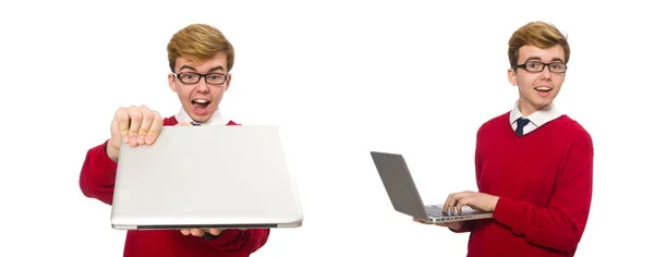 Student korzysta z laptopa na białym tle — Zdjęcie stockowe
