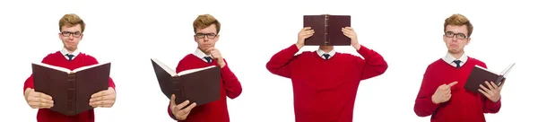 Estudiante universitario con libro aislado en blanco —  Fotos de Stock