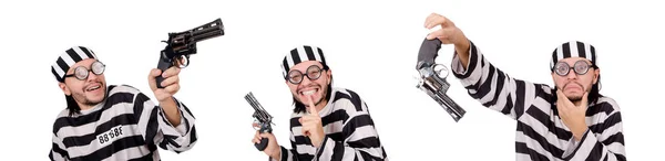 Prison inmate with gun isolated on white — Stock Photo, Image