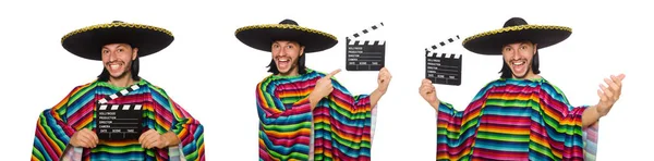 Bonito homem em poncho vívido isolado em branco — Fotografia de Stock