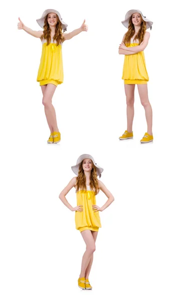 Mladá žena v žluté letní šaty izolované na bílém — Stock fotografie