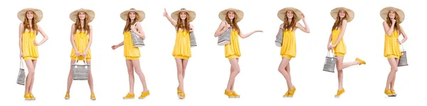 Giovane donna in abito estivo giallo isolato su bianco — Foto Stock
