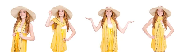 Jovem mulher em vestido de verão amarelo isolado no branco — Fotografia de Stock