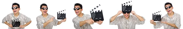 Man met film clapperboard geïsoleerd op wit — Stockfoto