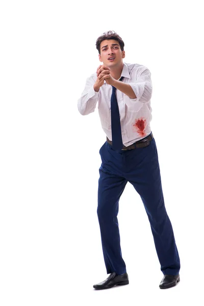 Verwundeter Geschäftsmann mit Blutflecken auf weißem Hintergrund isoliert — Stockfoto