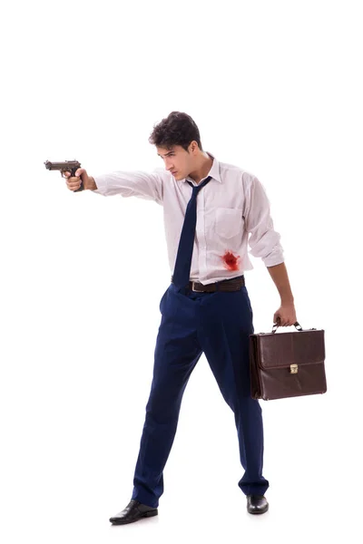 Empresário ferido em tiroteio isolado em branco — Fotografia de Stock