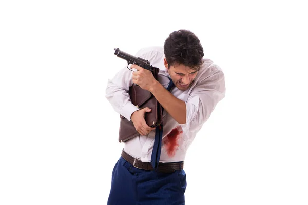 Businessman wounded in gun fight isolated on white — Stock Photo, Image