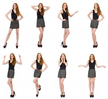 Beyaz izole gri elbiseli kızıl saçlı kız