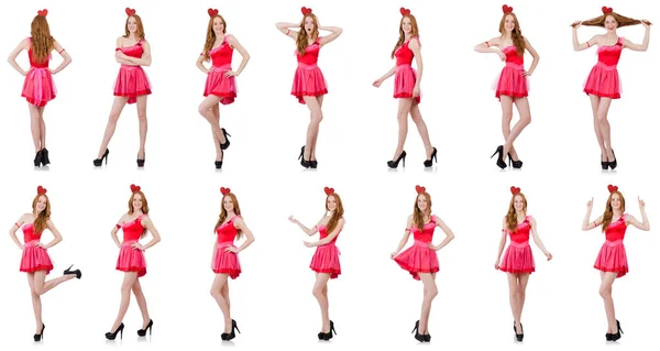 Ganska ung modell i mini rosa klänning isolerad på vitt — Stockfoto