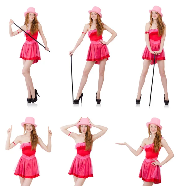 Pretty young wizard in mini pink dress isolated on white — Stock Photo, Image