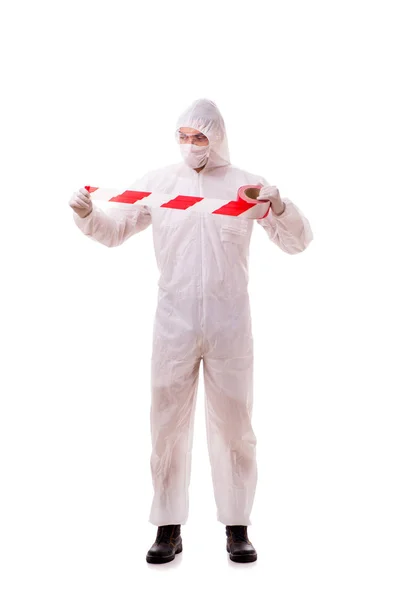 Спеціаліст з судової експертизи в захисному костюмі ізольований на білому — стокове фото