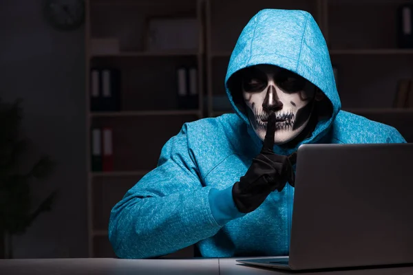 Scary hacker hacking security firewall late in office — Stock Photo, Image