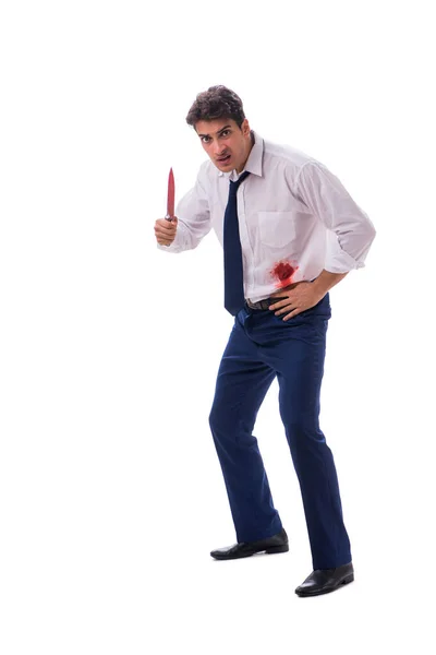 Hombre de negocios herido con manchas de sangre aisladas en el fondo blanco — Foto de Stock