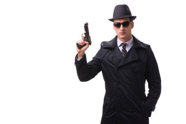 Beyaz arka planda izole edilmiş tabancalı bir casus.