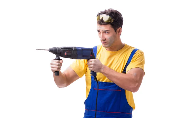 Contractor employee with hand power drill on white background — Stock Photo, Image