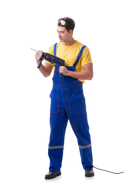 Werknemer met handboormachine op witte achtergrond — Stockfoto